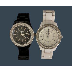Fossil Womens Watches Set of 2 With Crystals & White/Black Bands